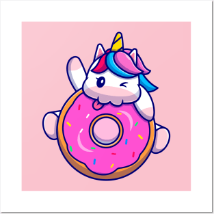 Cute Unicorn Eating Doughnut Cartoon Posters and Art